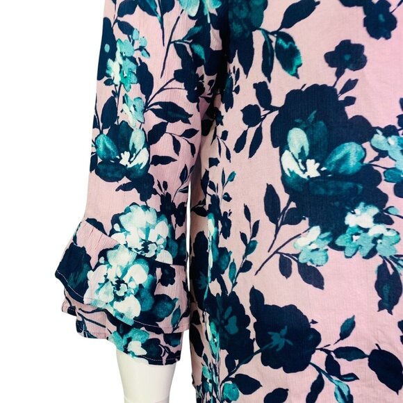 J. Jill Womens Blouse Mauve Beautiful Blooms Top Bell Sleeve Rayon Size L - Picture 6 of 12